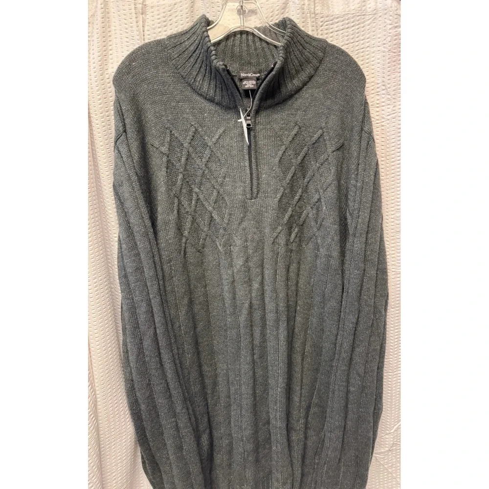 North Crest Men's Charcoal Grey Size XXLT 1/4 Zip Ribbed Cable Sweater Mock Neck